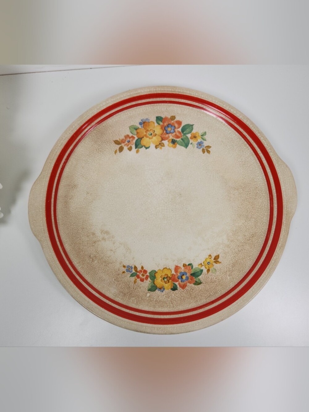 Large Heavily Crazed Stained Circular Platter,  Wild Flower 12"- Shabby Chic